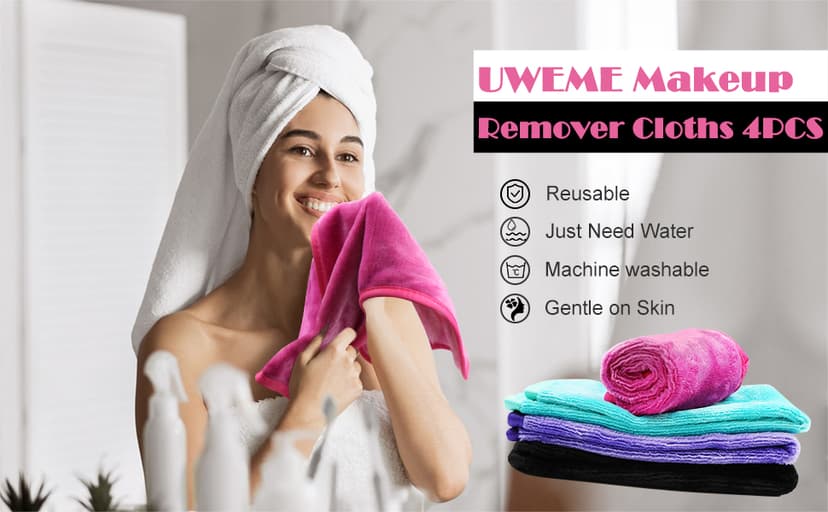 UWEME Makeup Remover Cloths 4 Count: Microfiber Reusable Fast Drying Washcloth, Face Towels for Women
