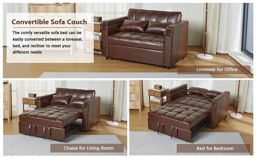 weselon Leather Convertible 3 in 1 Sleeper Sofa Bed, Small Upholstered Loveseat Pull Out Couch, Multi-Functional Sleeper Futon with Hidden Table and Adjustable Backrest for Living Room (Brown)