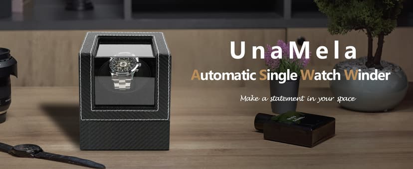 UnaMela Watch Winder for Automatic Watches: Automatic Single Watch Winder Box, Rotating Watch Case in Black Carbon Fiber Leather, Watch Rotator with Japanese Quiet Motor, Battery Powered or AC Adapter
