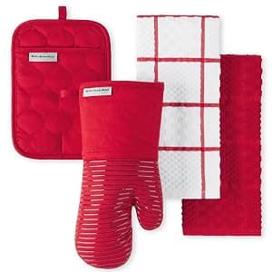 KITCHENAID Quilted Cotton Terry Cloth Oven Mitt, Pot Holder, Kitchen Towel 4-Pack Set, Heat Resistant, Silicone Grip, 16"x26", 7"x13" & 7"x10", Milkshake Tan B0BMKJFFP1