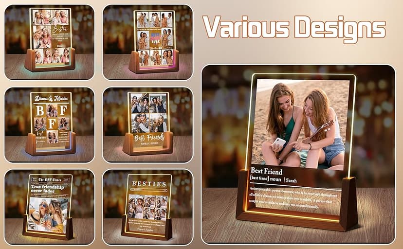 Personalized Besties Friendship Gifts For Women Her, Best Friend Birthday Gifts, Custom LED Acrylic Plaque With Photo Frame Name, Customized Long Distance Christmas Gift For BFF Bestie Sister