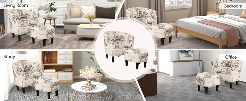 INZOY Modern Accent Chair with Ottoman for Small Space, Club Chair with Ottoman Set, Comfy Fabric Barrel Reading Chairs for Living Room Bedroom, Round Reading Chair with Foot Rest, Flower Pattern