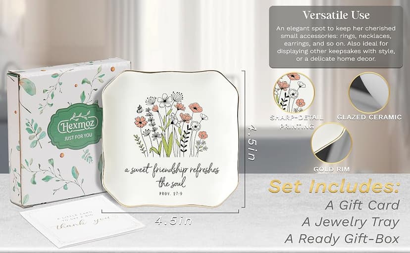 Soul Sister Gift for Women Christian - Sweet Friendship 4.5"X4.5" Floral Ceramic Jewelry Dish Tray - Tricket Dish HEXMOZ Friendship Gifts for Women Friends - Best Friend Birthday Gift Ideas B0FHHBVHR6