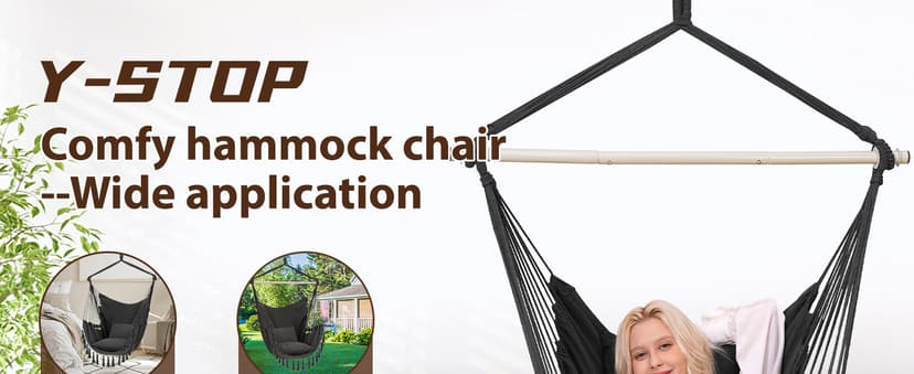 Y- STOP Hammock Chair Hanging Rope Swing, Max 500 Lbs, 2 Cushions Included, Large Macrame Hanging Chair with Pocket, Cotton Weave for Superior Comfort, Durability (Dark Grey)