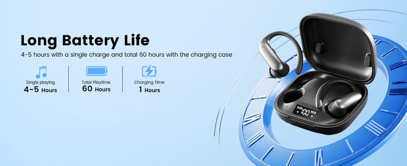 CuiSuto Ear Buds Wireless Earbuds Bluetooth Headphones with 60H Playtime LED Display Case, Over-Ear Hook with Mic, Stereo Sound, Easy Button Controls, Sports Earphones for Running Workout Gym Black