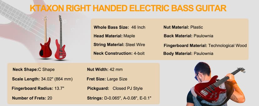 Ktaxon Electric Bass Guitar 4 String Bass Guitar with 20 Watt Amplifier, PJ Type Pickup, Naturally air-dried Maple Neck, Rosewood Fretboard, Basswood Body(Red)