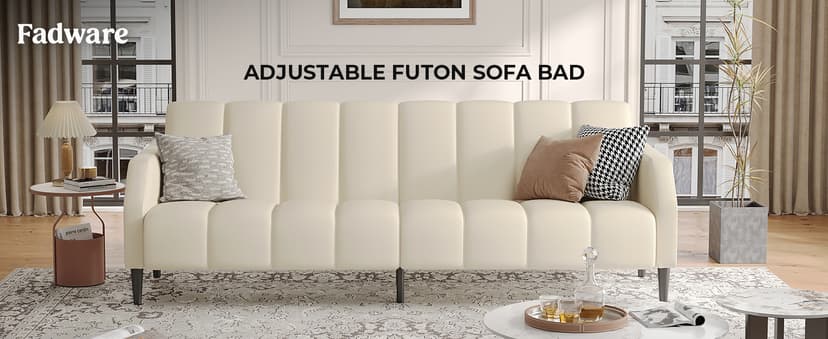 Fadware Faux Leather Couch, Convertible Futon Sofa Bed with Adjustable Backrest, Mid Century Leather Sofa Loveseat with Side Pockets& Metal Leg, Modern Leather Sleeper Sofa for Living Room Bedroom