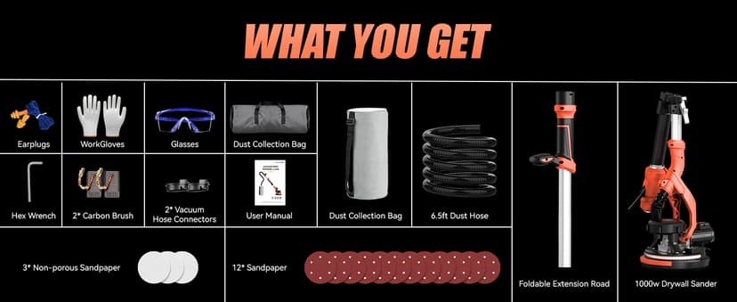 1000W Drywall Sander, Electric Drywall Sander, Popcorn Ceiling Removal Tool with Vacuum Dust Collection, 6 Variable Speed, Foldable Telescopic Handle