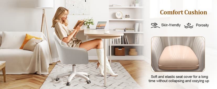 Mid Back Velvet Vanity Chair Swivel Rolling Desk Chair with Wheels, Modern Upholstered Makeup Chair for Women Girls, Computer Task Chair for Bedroom Living Room Office, White