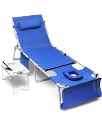 3-in-1 Beach Chair Face Holes, Lounge Chair Outdoor with Folding Side Table, 5-Position Recliner, Lay Flat, Removable Pillow, Heavy Duty, Max 330lbs, Poolside, Patio, Camping, Backyard Striped Blue