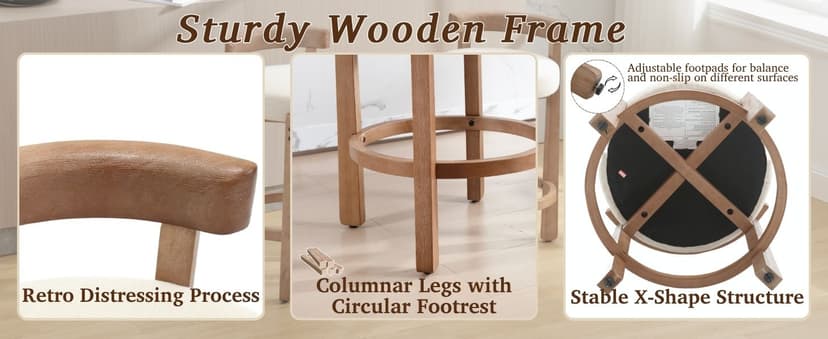 LukeAlon Mid Century Linen Counter Stools Set of 3, Upholstered 26.5" Seat Height Low Barstools with Natural Wood Legs Round Low Back Kitchen Stools with Footrest for Dining Room, Beige