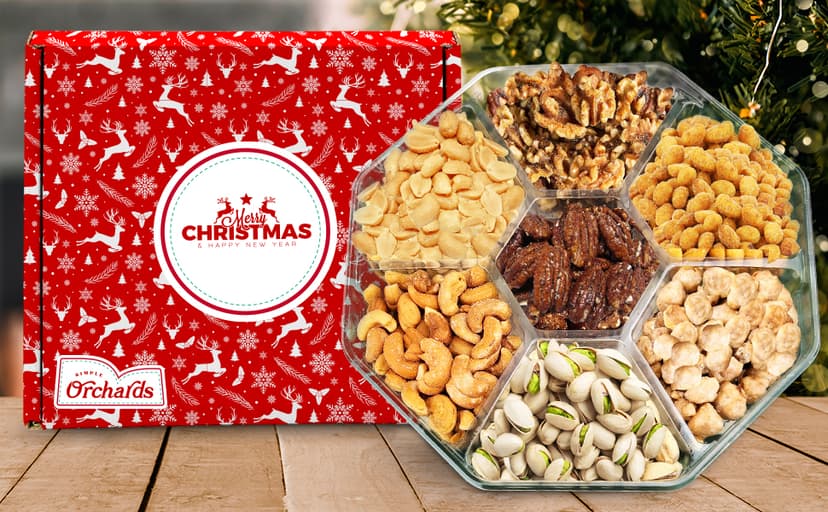 Christmas Nuts Gift Basket for Holiday Season, Premium Mixed Nut Assortment Gift Gourmet Snack Food Present Box, Christmas Gift Basket for Family (7 Sectional)