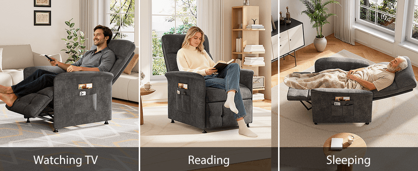 Power Recliner Chair for Adults with Heat & Massage - Soft Fabric Electric Reclining Sofa with Remote Control, 180° Lay Sleeper 3 Side Pockets for Living Room Home Theater, Dark Grey