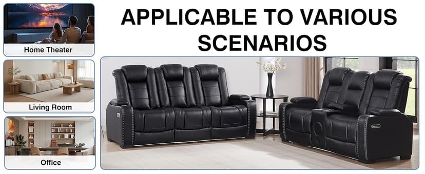 THSUPER Black Leather Power Recliner Sofa Loveseat Sets with Arm Storage and Power Headrest, Leather Living Room Reclining Sofa and Loveseat Set with Cup Holders and Bluetooth Speaker. | Breathable material, LED ambient light, Reading light, Hidden outlet, USB and Type-C port