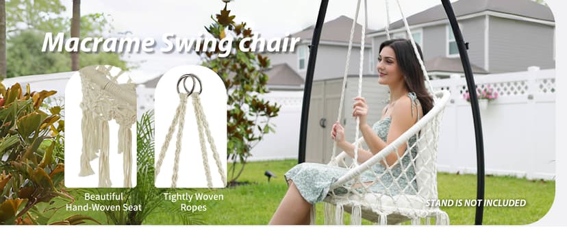 JoyView Macrame Hammock Chair Hanging Swing Chair Max 330 Lbs with 2 Cushions and Hardware Kits for Indoor Outdoor Bedroom Patio Garden - Beige