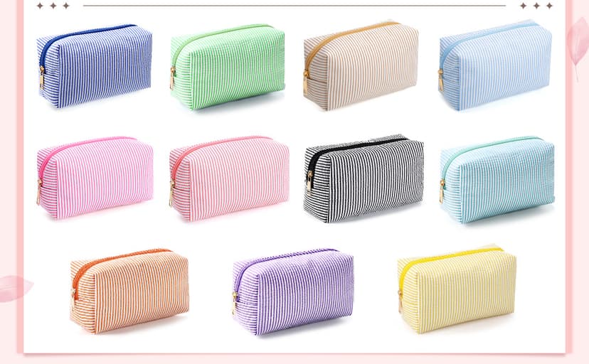 Makeup Bags Women Pouch, Large Preppy Storage Toiletry Travel Pouch for Wedding Bridesmaid Bride Favor Back to Teacher Gift Sanwuta 6 Pcs Seersucker Cosmetic Bags Bulk, Striped Zippered,Khaki B0FXMF4P4J