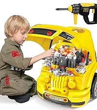 Deejoy Tool Set with Tool Box & Electronic Toy Drill, Pretend Play Kids Construction Kits for Kids Ages 3-5 Years Old, Toddler Boy Toys(Orange)