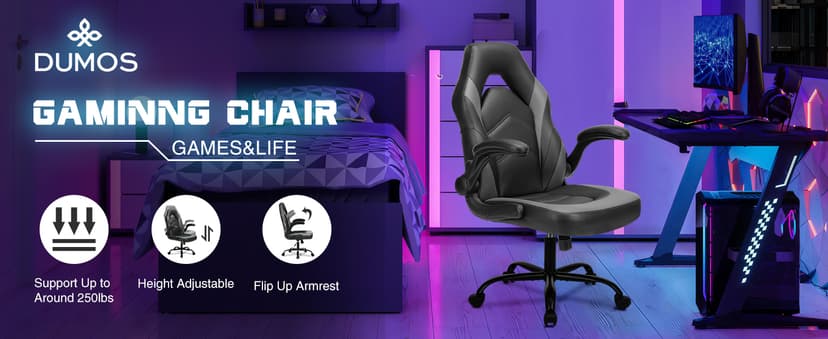 DUMOS Ergonomic Computer Gaming Chair with Flip-up Armrest, Height Adjustable PU Leather Home Office Desk Chair with Lumbar Support Swivel Wheels and for Adults and Kids, Black and Gray