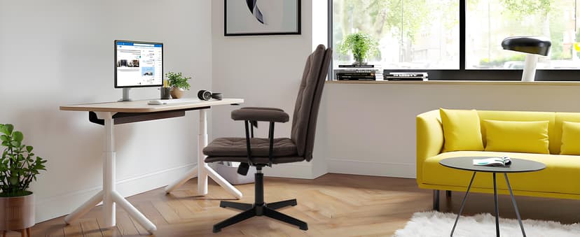 CLATINA Office Chair No Wheels, Leather Criss Cross Desk Chairs with Arms, Modern Cross Legged Computer Chair, Mid Back Height Adjustable Swivel Task Vanity Chair for Home Office, Chocolate Brown