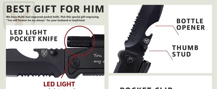 Gifts for Him Men, Christmas Anniversary Birthday Gifts for Boyfriend Husband, Stocking Stuffers for Him, Engraved Pocket Knife, Camping Hiking Multitool Knife Present, Folding Knives with Wood Box