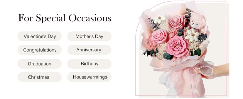 Preserved Flowers Bouquet with Bear, 3 Real Forever Flowers for Delivery, Long-Lasting Pink Eteranl Roses Bouquet Birthday Gifts for Women, Mother, Wife, Her