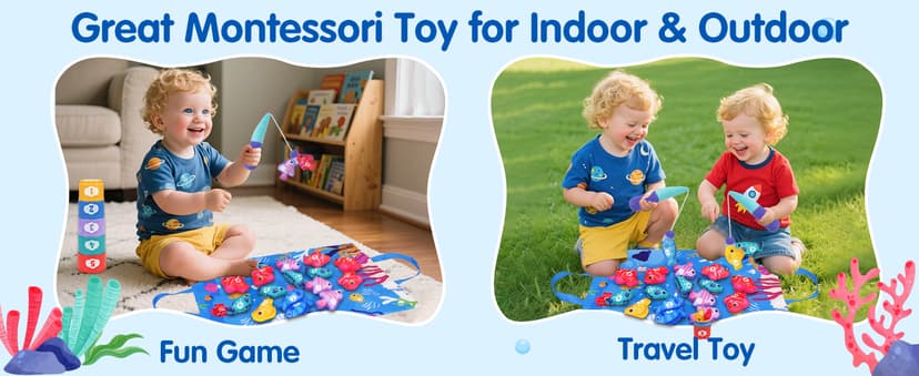 Montessori Toys for 1 Year Old - Cloth Fishing Game Toddler Toys Age 1-2 with Stacking Cups - Sorting Learning Baby Toy 12-18 Months - One Year Old Boy Girl First Birthday Gifts for 1 2 3 Year Old