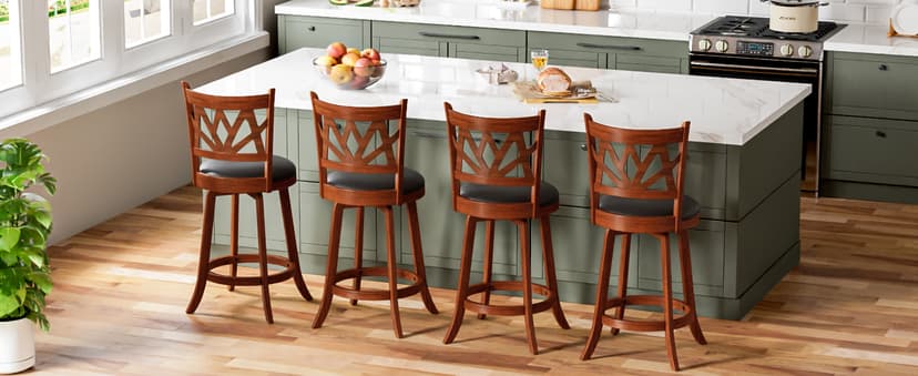 Swivel Barstools Set of 4, Farmhouse 24" Counter Height Bar Stools with Backs, Lotus Pattern Carved Bar Chair with Solid Wood Legs & Footrest for Kitchen Island, Home Bar, Pub. Brown