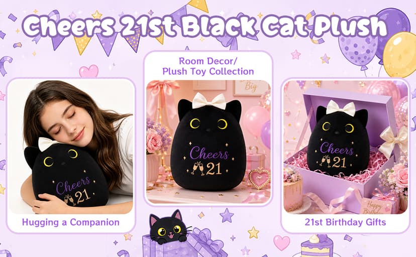 8inch Cat Stuffed Anmals with Cheers 21, Soft Plush Cute 21 Year Old Birthday Gifts for Girls Women 21st Birthday Black Cat Plush, 21st Birthday Gifts for Girls Her B0H2GV3YWL