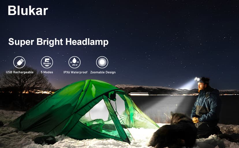 Blukar LED Rechargeable Headlamp,Super Bright Rechargeable Headlight Flashlight-3 Lights 5 Modes,Zoomable,Spotlight&Floodlight Combination,IPX6 Waterproof,20+Hrs Runtime for Running,Hiking,Camping etc