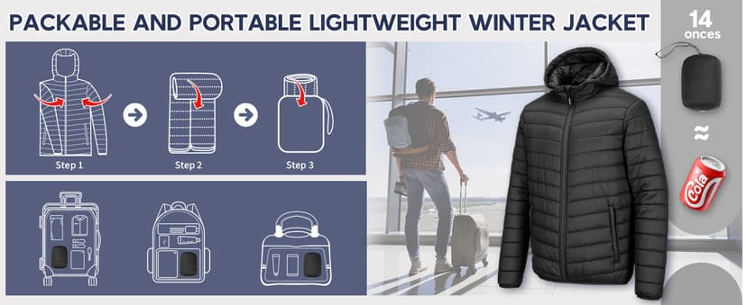 Outdoor Ventures Men's Lightweight Packable Hooded Puffer Jacket Insulated Winter Coat for Snow Ski Traveling