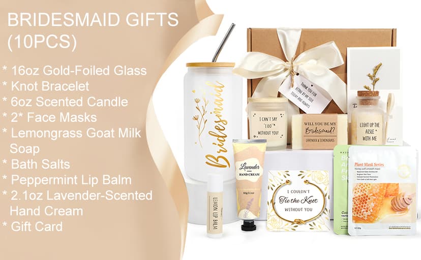 Bridesmaid Proposal Gifts, Bridesmaids Proposal Box Gifts for Wedding Day, Gift for Bridesmaids, Will You Be My Bridesmaid Gift with 16oz Glass Candle Hand Cream (10PCS)