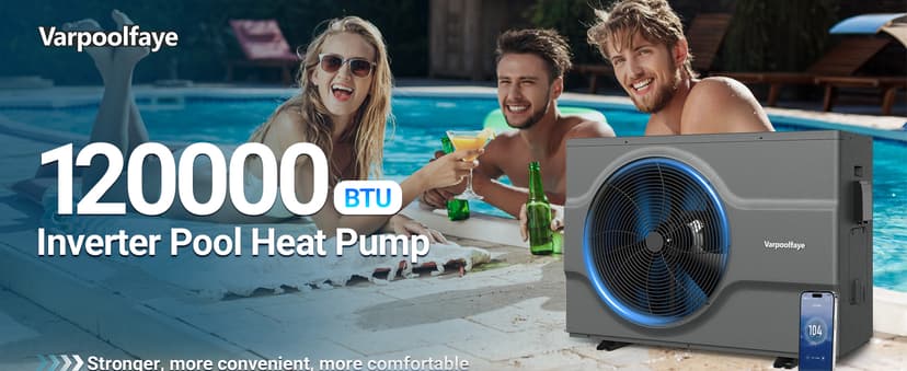 Inverter Electric Pool Heater for Inground Pool 120000 BTU Swimming Pool Heat Pump Above Ground Pool Heater 220V 33000 Gallon Heating or Cooling WiFi Control Schedule