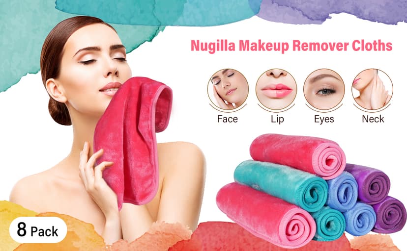 Nugilla Makeup Remover Cloths, 8 Packs Makeup Remover Towels Reusable Face Wash Cloth, Soft Microfiber Face Cloth for Women