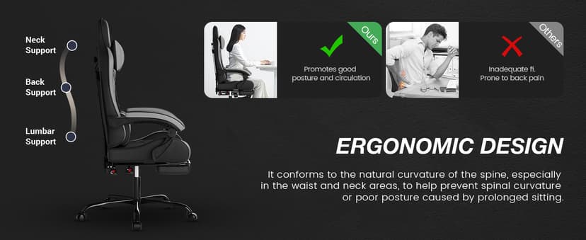 Gaming Chair with Footrest, Ergonomic Gaming Chair, Computer Chair with Lumbar Support, Headrest, Height Adjustable PC Chairs with 360° Swivel Seat for Office or Gaming BlackGrey