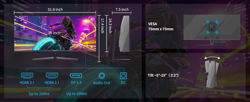 SANSUI 34-Inch Curved Gaming Monitor UWQHD 3440 x 1440P Up to 200Hz 165Hz Curved 1500R - PIP/PBP, OD 1ms, HDR, 300nits, sRGB 130%, DCI-P3 97%,AI Crosshair,HDMI2.1x2,DP1.4(Cable Included)