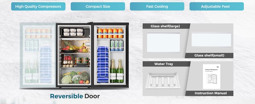 Feelfunn Mini Fridge with Freezer - 3.2 Cu.Ft Single Door Mini Refrigerator with Adjustable Thermostat, Small Fridge for Bedroom, Apartment, Dorm - Black