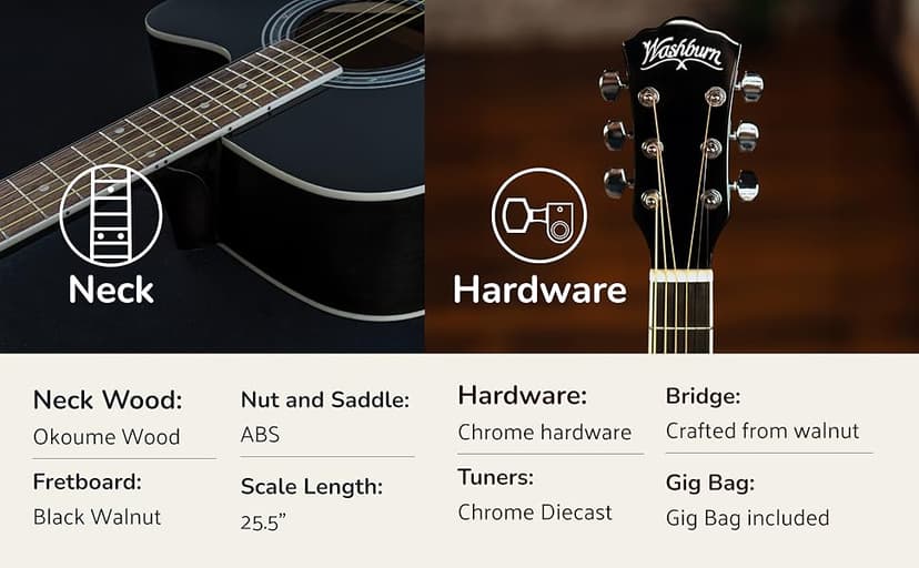 Washburn WA90CE Acoustic-Electric Guitar Kit – Dreadnought Cutaway, Built-In Tuner, Okoume Body – Perfect Holiday Gift for Adults, Beginners, Musicians & Live Performance