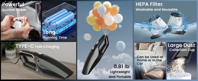 SERVOMASTER Handheld Vacuum Cordless, Car Vacuums Powerful with Rechargeable Battery, Portable Hand Held Vacuum Cordless with Washable HEPA Filter, Mini Vacuums Kit for Men and Women