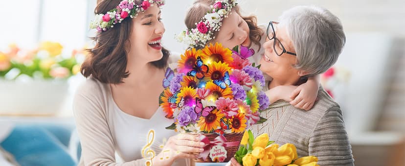 Birthday Cards with MUSIC & LIGHTS, Pop Up Happy Birthday Card, Sunflower & Butterfly, 10 Inch Life Sized Forever Flower Bouquet Gifts for Women Mom Grandma