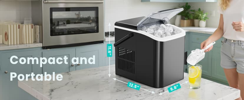 OLIXIS Ice Maker Machine with Handle,26lbs in 24Hrs,9 Ice Cubes in 6 Mins,Auto-Cleaning Portable Ice Maker with Basket and Scoop, Countertop Ice Maker for Home/Kitchen/Camping/RV, Sleek Black