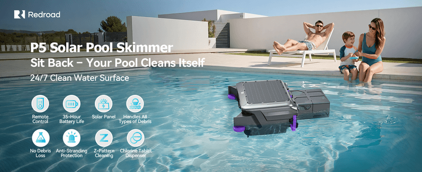 Solar-Powered Robotic Pool Surface Skimmer Cleaner with 24/7 Continuous Cleaning and Re-Engineered Twin Salt Tolerant Motors, Dual Charging,Smart Obstacle Avoidance, 150-um Filtration