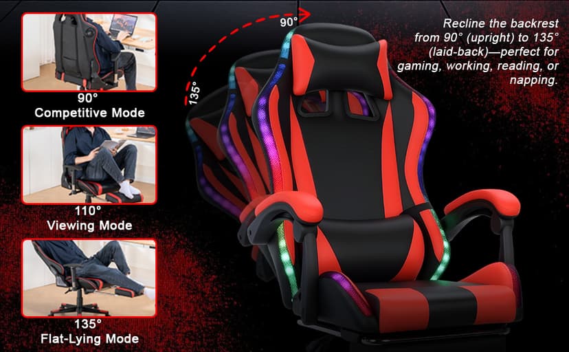 Gaming Chair with Bluetooth Speakers and Led Lights, Massage Gamer Chair with Footrest High Back and Lumbar Support, Ergonomic Height Adjustable Video Game Chairs Recliner for Adults (Black Red)