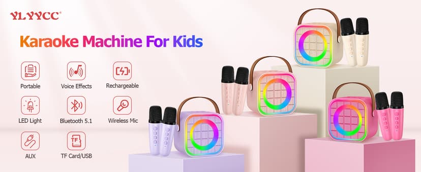 Mini Karaoke Machine with 2 Wireless Microphone, Portable Pink Bluetooth Speaker for Kids Adult, Birthday Teen Toys Gifts Ideas for Girls Ages 4 5 6 7 8 9 10 11 12+ Year Old, Family Home Party