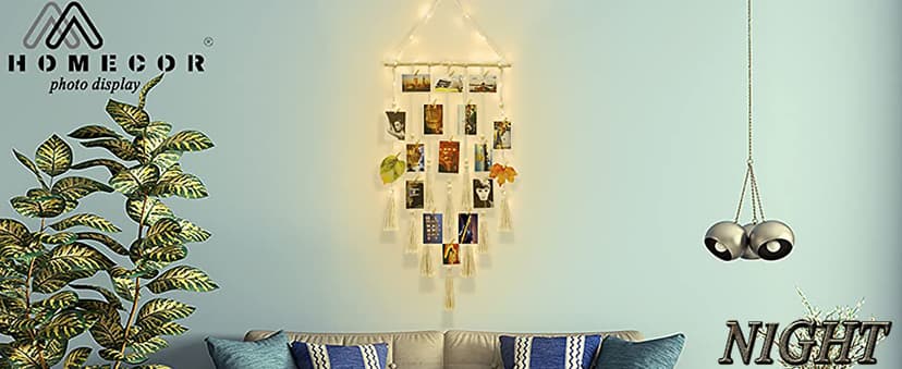 Homecor Hanging Photo Display Wall Decor, Macrame Wall Hanging Boho Room Bedroom Decor, Picture Frame Collage Board with Light 30 Clip, Christmas Teenage Teen Girl Gifts Ages 10 11 12 13 14 Years Old