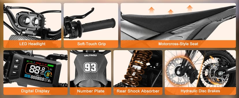 EM5 Electric Dirt Bike w/Light & Display, Off-Road Motorcycle 3400W 3 Speed Modes (Max 40MPH) 48V Range 53MI,14"/12" Tires,Dual Suspension & Hydraulic Brakes Fit Age 13+