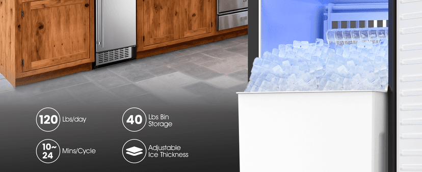 Coolake Ice Maker Under Counter 120lbs/day with 40lbs Storage, Outdoor Built-in Ice Maker Machine, Stainless Steel Self-cleaning Gravity Drainage Freestanding Ice Machine for Party Home Bar Restaurant