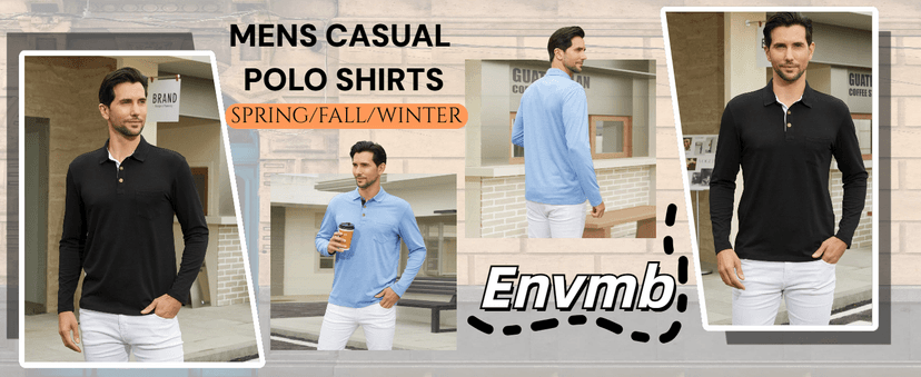 Envmb Men's Casual Long Sleeve Polo Shirts Button Classic Cotton Shirt Work Collared Stylish Golf Shirt with Pocket