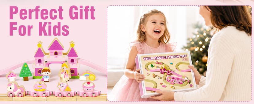 Princess Castle & Magnetic Trains, Compatible with Most Wooden Train Tracks, Birthday Gift for Girls 3 4 5 Year Old Atoylink Wooden Train Set for Toddler Girls, 40Pcs Pink Unicorn Train Toys B0H6HGYDWR