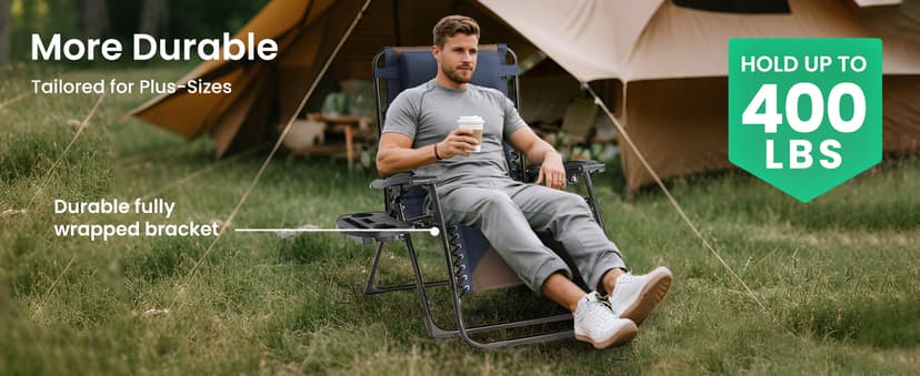 Zero Gravity Chair Oversized Padded Recliner with Adjustable Headrest & Cup Holder - 600D Oxford Folding Lounge Chair for Outdoor Camping, Patio, Poolside (Brown & Blue)