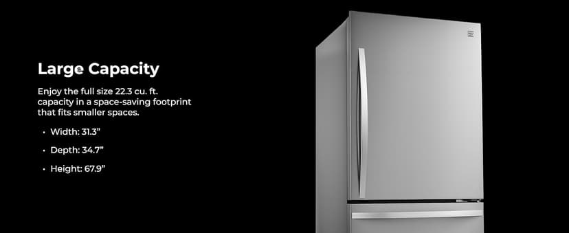 Kenmore 31" Bottom Freezer Refrigerator - Ice Maker, Adjustable Shelving, Crispers Drawers, LED Lighting, ENERGY STAR Certified, 22.3 cu. ft. Capacity, Fingerprint Resistant Stainless Steel